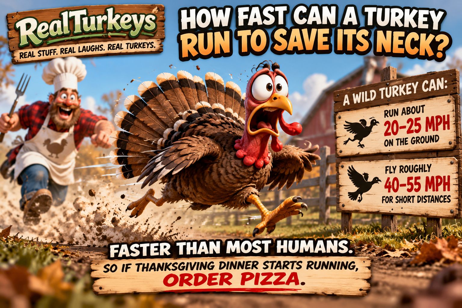Cartoon wild turkey running to save its neck with facts about how fast wild turkeys can run and fly